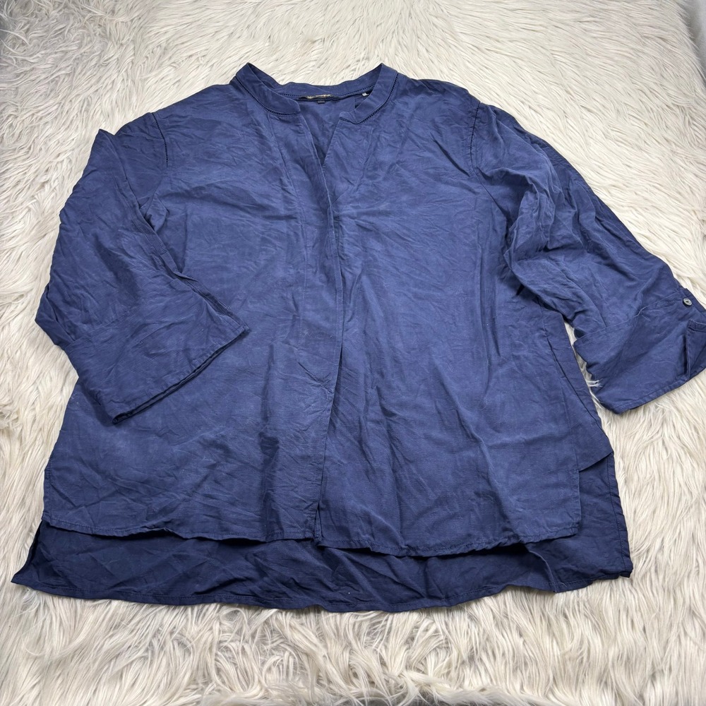 Kobi Halperin Women's L Navy Woven Split Neck Cuffed Sleeve Blouse Preppy Chic